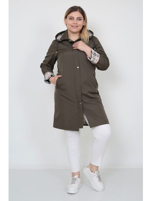Kadın Suya Dayanıklı Büyük Beden Trençkot Uzun Kapüşonlu Trençkot Bonded Kumaş Içi Ekoseli Trençkot