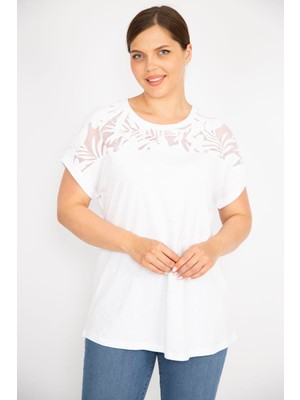 Kadın Beyaz Büyük Beden Pamuk Kumaş Robası Tül Aplike Uzun Bluz