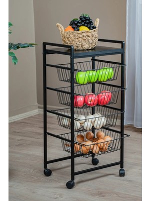 Metal 4 Çekmeceli Sebzelik Tekerlekli Siyah Çok Amaçlı Sebze ve Meyve Düzenleyici