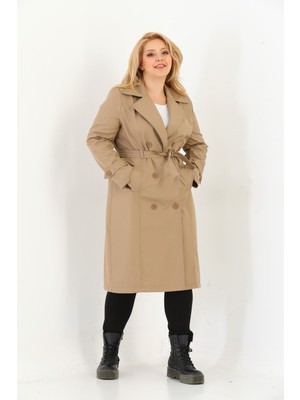 Kadın Suya Dayanıklı Büyük Beden Trençkot Kemerli Uzun Kruvaze Trençkot Bonded Kumaş Astarlı Krem