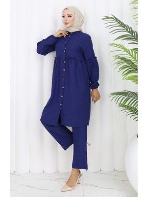 Büzgülü Düğmeli Tunik Pantolon Ikili Takım 0115-07 Saks
