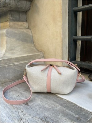 Pudra Kadın Keten Kilitli Sandal El ve Omuz Çantası