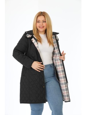 Kadın Uzun Suya Dayanıklı Kapitone Kapüşonlu Kapitone Mont Büyük Beden Kapitone Ekoseli Kapitone