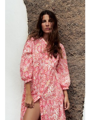 Kadın Büyük Beden Pembe, Ön Boy Düğmeli ,truvakar Kol Bohem Elbise 65N38962