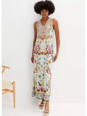 Kadın Büyük Beden Renkli, Çiçek Desenli , V Yaka Kolsuz Maksi Elbise 65N38994