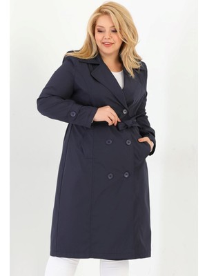 Kadın Suya Dayanıklı Büyük Beden Trençkot Kemerli Uzun Kruvaze Trençkot Bonded Kumaş Astarlı Krem