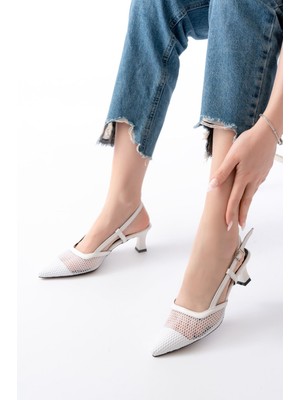 Kadın AYAKKABIK-607 Beyaz Günlük Fileli Arkası Açık 7 cm Topuklu Bayan Ayakkabı