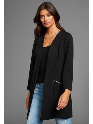 Kadın Büyük Beden Siyah, Fermuar Süs Cep, Blazer Ceket 65N39051