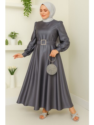 Kadın Giyim Abiye Moda Kemeri Taşlı Uzun Tesettür Saten Abiye Elbise 2753