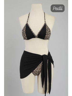Kadın Siyah ve Leopar Desenli Pareolu 3'lü Bikini Takımı
