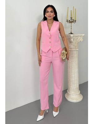 Kadın Alt Üst Takım Şık Gold Düğme Detaylı V Yaka Yelek Pantolon Takım