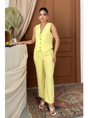Kadın Alt Üst Takım Şık Gold Düğme Detaylı V Yaka Yelek Pantolon Takım