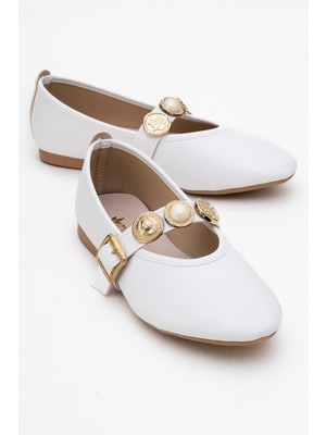 Kadın Kemerli Armalı Tek Biyeli Küt Burunlu Babet Beyaz