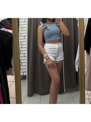 Fırfırlı Kot Crop Bluz