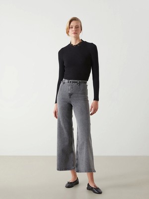 Lcw Jeans Gri Beli Kemerli Wideleg Kadın Jean Pantolon