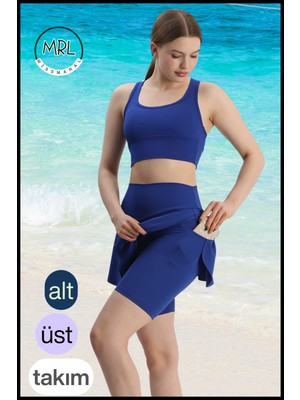 Kadın Mavi Etekli Biker Şortlu Mayo Takım Göğüs Pedli Yüksek Bel Toparlayıcı Büyük Beden Uyumlu