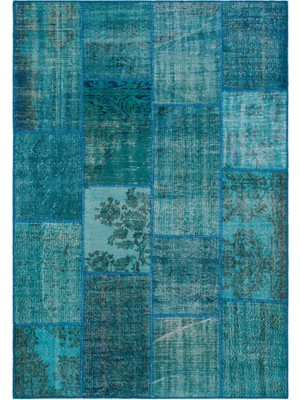 Iskece Turkuaz Eskitme Etnik Modern Desenli Yün Hav Toz Vermez Leke Tutmayan Salon Yolluk Mutfak El Dokuma Halı