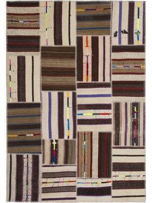 Bespoky 160x230 cm Bej Bej, Kahverengi Yamalı Etnik Geometrik Halı | Salon Yatak Odası Halısı | UNİQUE-2216