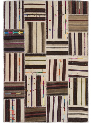 Teselya Bej Çizgili Etnik Modern Desenli Yün Hav Toz Vermez Leke Tutmayan Salon Yolluk Mutfak El Dokuma Halı