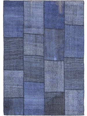 Teselya Mavi Patchwork Etnik Modern Desenli Yün Hav Toz Vermez Leke Tutmayan Salon Yolluk Mutfak El Dokuma Halı