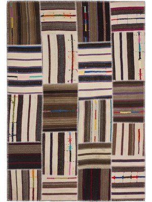 Teselya Bej Çizgili Etnik Modern Desenli Yün Hav Toz Vermez Leke Tutmayan Salon Yolluk Mutfak El Dokuma Halı