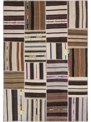 Teselya Bej Çizgili Etnik Modern Desenli Yün Hav Toz Vermez Leke Tutmayan Salon Yolluk Mutfak El Dokuma Halı