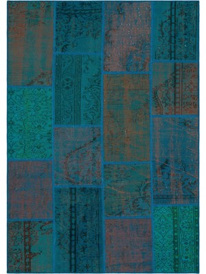 Bespoky 160x230 cm Çok Renkli Turkuaz Patchwork Vintage Geleneksel Halı | Salon Yatak Odası Halısı | UNİQUE-33871