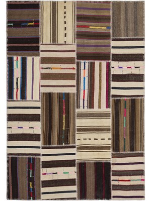 Teselya Bej Çizgili Etnik Modern Desenli Yün Hav Toz Vermez Leke Tutmayan Salon Yolluk Mutfak El Dokuma Halı