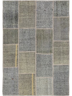 Teselya Gri Patchwork Etnik Modern Desenli Yün Hav Toz Vermez Leke Tutmayan Salon Yolluk Mutfak El Dokuma Halı