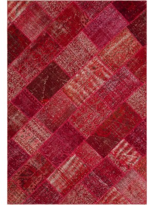 Iskece Kırmızı Eskitme Etnik Modern Desenli Yün Hav Toz Vermez Leke Tutmayan Salon Yolluk Mutfak El Dokuma Halı