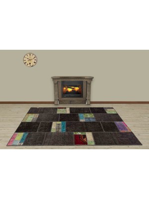 Bespoky Kahverengi Patchwork Vintage Yün Halı | Salon Yatak Odası Halısı | %100 Doğal Yün El Yapımı El Dokuma | PATCHWORK-5141