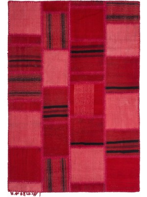 Teselya Kırmızı Patchwork Etnik Modern Desenli Yün Hav Toz Vermez Leke Tutmayan Salon Yolluk Mutfak El Dokuma Halı