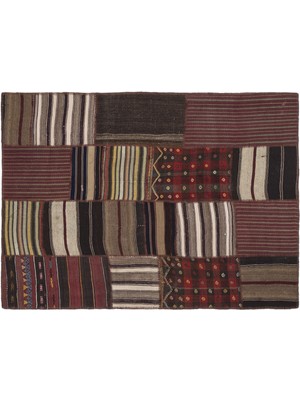 Kırmızı Patchwork Etnik Modern Desenli Yün Hav Toz Vermez Leke Tutmayan Salon Yolluk Mutfak El Dokuma Halı