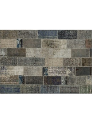 Gri Patchwork Etnik Modern Desenli Yün Hav Toz Vermez Leke Tutmayan Salon Yolluk Mutfak El Dokuma Halı