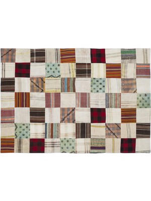 Bej Patchwork Etnik Modern Desenli Yün Hav Toz Vermez Leke Tutmayan Salon Yolluk Mutfak El Dokuma Halı