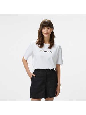 Nautica Kadın Beyaz Regular Fit Baskılı T-Shirt 55V121T.1BW