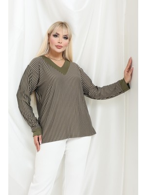 Haki Çizgili V-Yaka Bluz – Ribanalı Manşet, Rahat Kesim