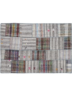 Gri Patchwork Etnik Modern Desenli Yün Hav Toz Vermez Leke Tutmayan Salon Yolluk Mutfak El Dokuma Halı