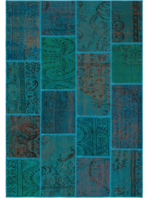 Iskece Turkuaz Eskitme Etnik Modern Desenli Yün Hav Toz Vermez Leke Tutmayan Salon Yolluk Mutfak El Dokuma Halı