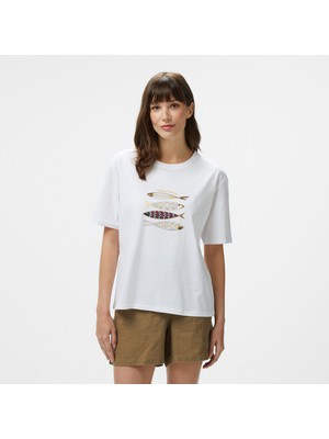 Nautica Kadın Beyaz Regular Fit Nakışlı T-Shirt 55V112T.1BW