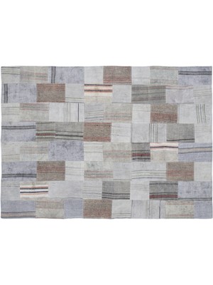 Gri Patchwork Etnik Modern Desenli Yün Hav Toz Vermez Leke Tutmayan Salon Yolluk Mutfak El Dokuma Halı