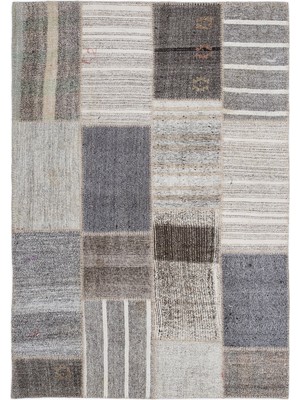 Bespoky Gri Patchwork Bohem Soyut Halı | Salon Yatak Odası Halısı | UNİQUE-1236
