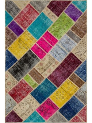 Iskece Bej Patchwork Etnik Modern Desenli Yün Hav Toz Vermez Leke Tutmayan Salon Yolluk Mutfak El Dokuma Halı