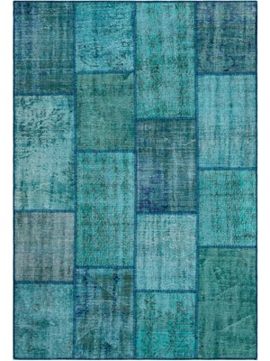 Iskece Turkuaz Eskitme Etnik Modern Desenli Yün Hav Toz Vermez Leke Tutmayan Salon Yolluk Mutfak El Dokuma Halı