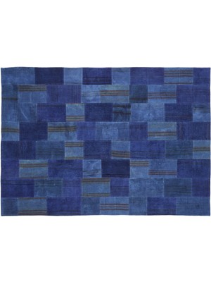 Mavi Patchwork Etnik Modern Desenli Yün Hav Toz Vermez Leke Tutmayan Salon Yolluk Mutfak El Dokuma Halı