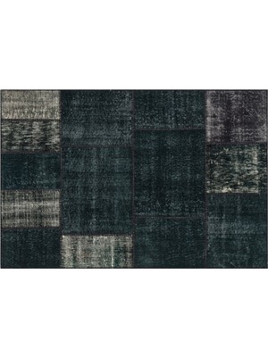 Yeşil Patchwork Etnik Modern Desenli Yün Hav Toz Vermez Leke Tutmayan Salon Yolluk Mutfak El Dokuma Halı