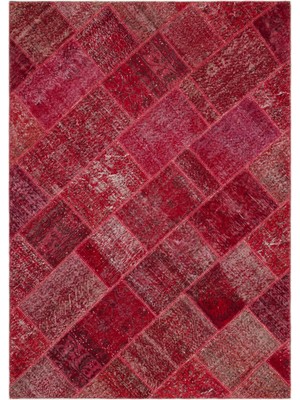 Iskece Kırmızı Eskitme Etnik Modern Desenli Yün Hav Toz Vermez Leke Tutmayan Salon Yolluk Mutfak El Dokuma Halı