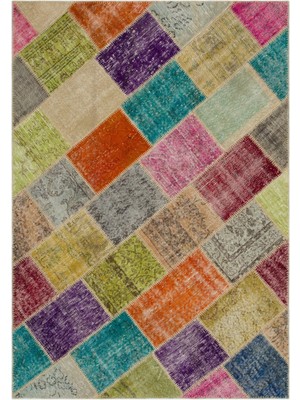 Iskece Bej Patchwork Etnik Modern Desenli Yün Hav Toz Vermez Leke Tutmayan Salon Yolluk Mutfak El Dokuma Halı