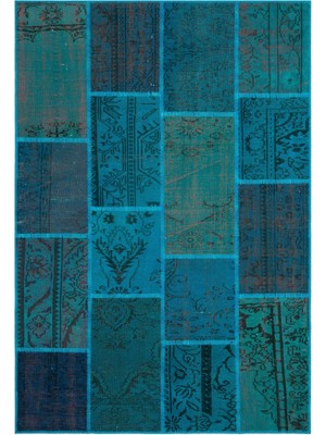 Iskece Turkuaz Eskitme Etnik Modern Desenli Yün Hav Toz Vermez Leke Tutmayan Salon Yolluk Mutfak El Dokuma Halı