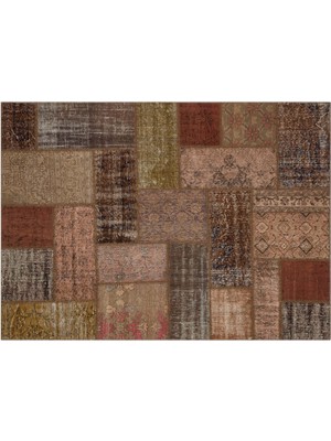 Kahverengi Patchwork Etnik Modern Desenli Yün Hav Toz Vermez Leke Tutmayan Salon Yolluk Mutfak El Dokuma Halı